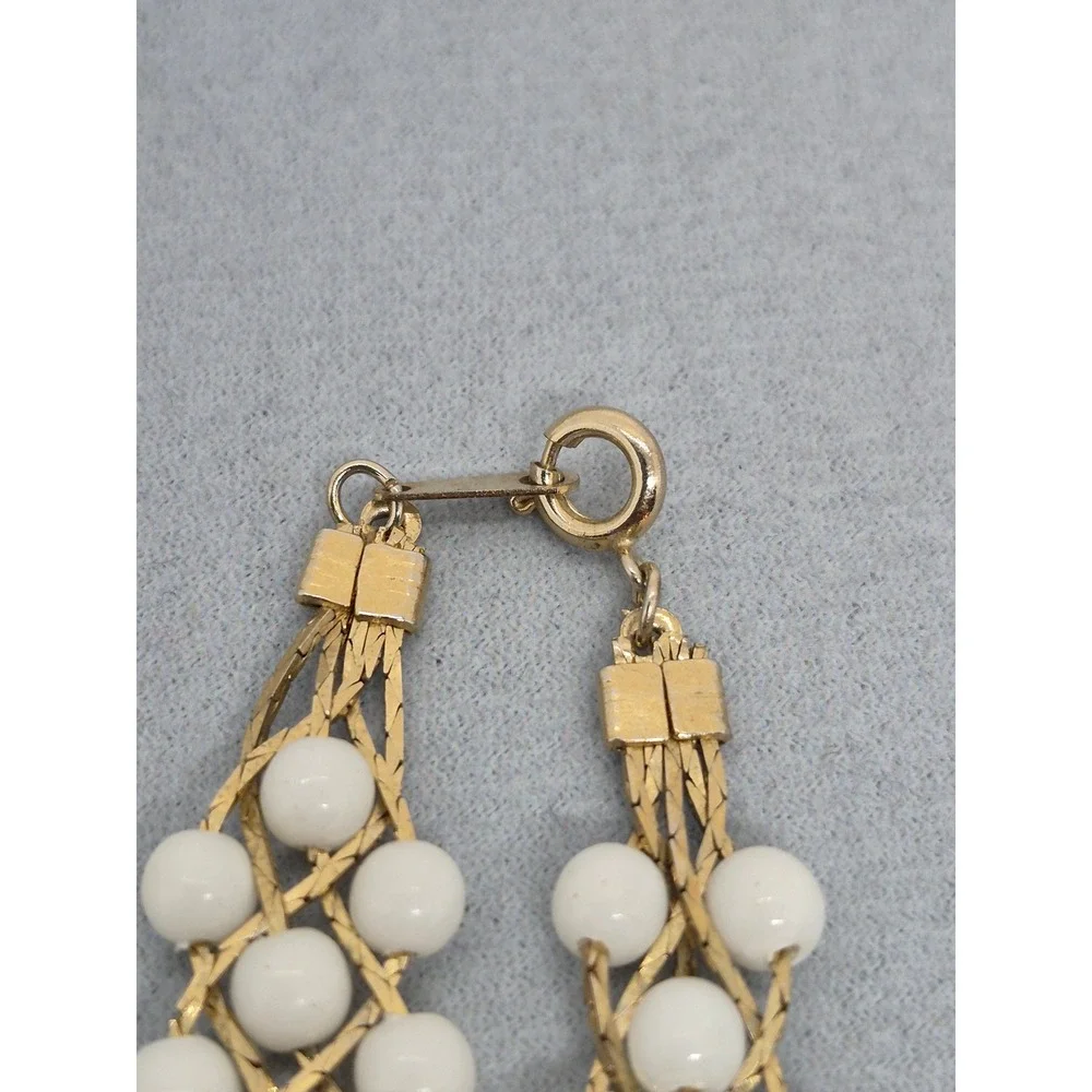 Vintage Woven Milk White Bead Necklace Woman Gold Tone Triple Strand Mesh Chain